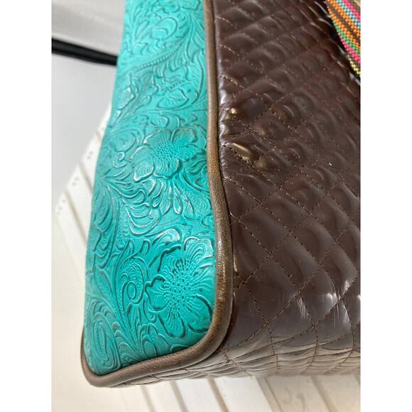 CONSUELA LARGE BROWN, TEAL QUILTED TOTE BAG WITH EMBOIDERY. - Picture 8 of 16